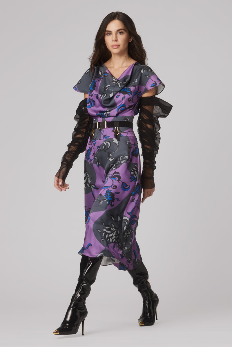 Flap Printed Dress Royal Blue