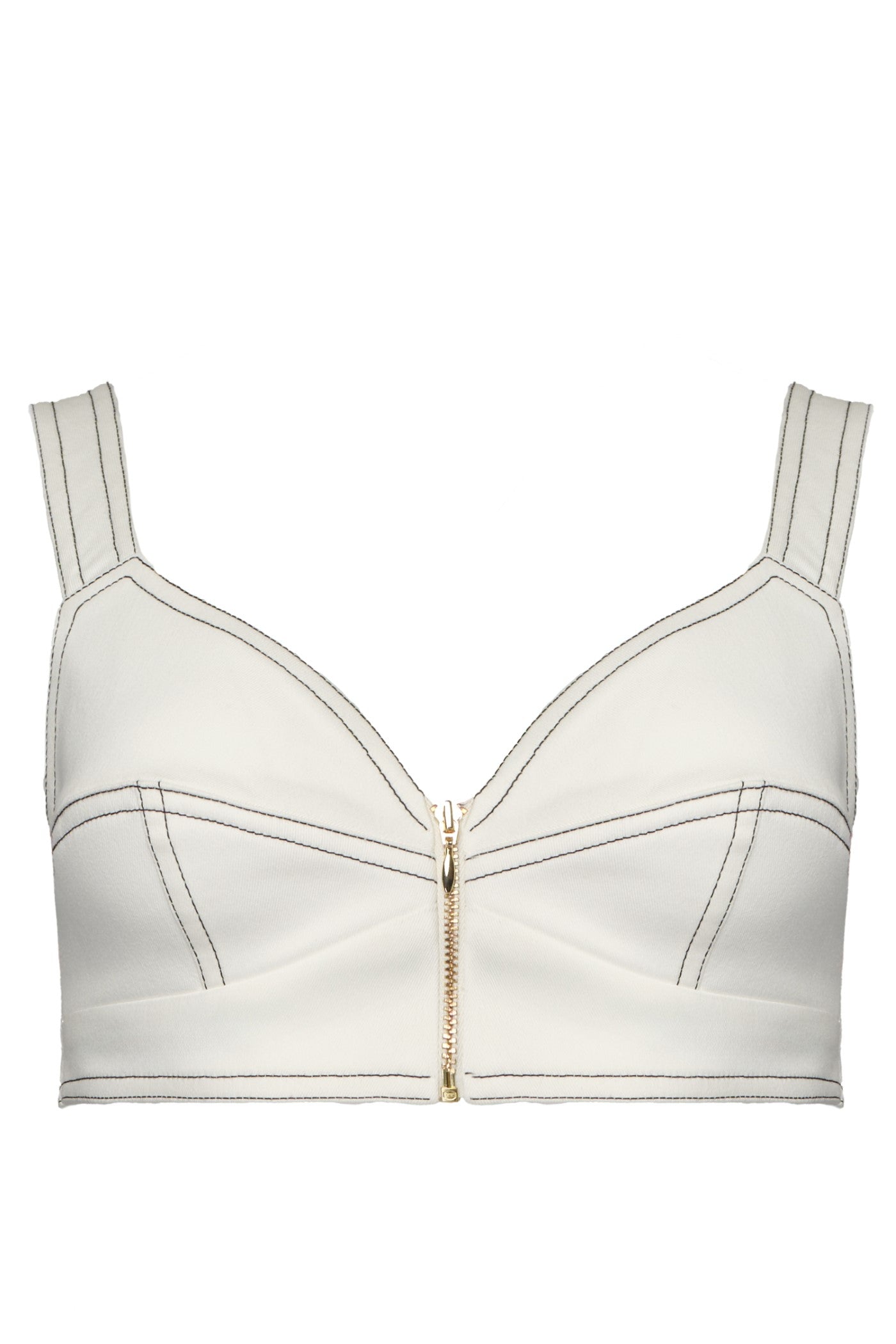Bi-stretch denim bra-top with decorative stitching and