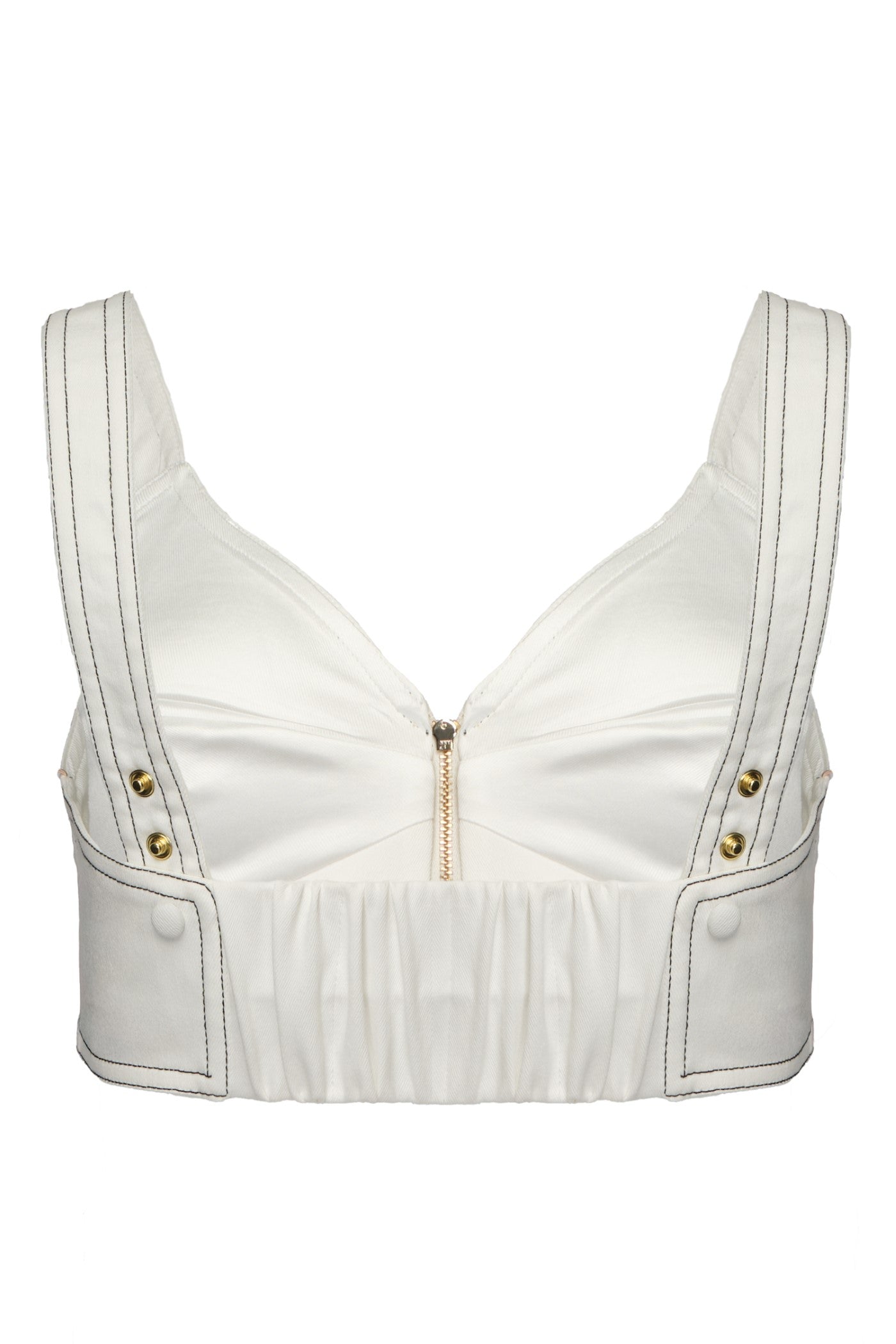 Bi-stretch denim bra-top with decorative stitching and